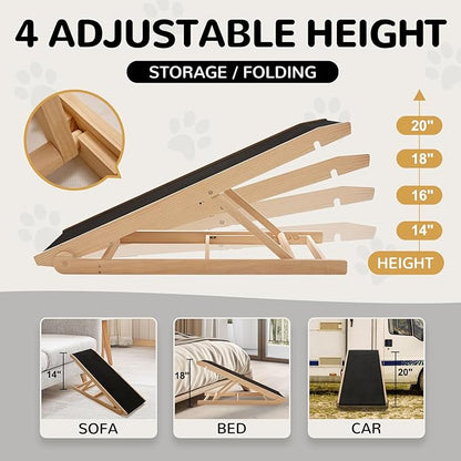 ABORON Dog Ramp,Adjustable Folding Pet Ramp for Bed,Couch,SUV - High Traction Portable Rubber Paw Ramps,Great for Small &amp; Large Old Dogs &amp; Cats, Supports up to 200 lbs
