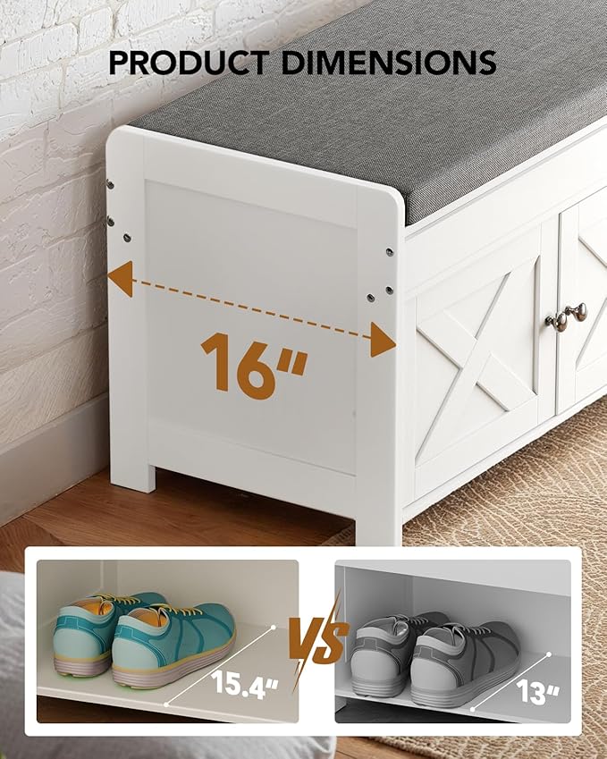 Amada Shoe Storage Bench, Entryway Bench with Cushioned Seat &amp; Lift Top Storage, 3 Doors, Adjustable Shelf, 300 lbs Capacity, Bench with Shoe Rack for Entryway, Bedroom, Living Room, White