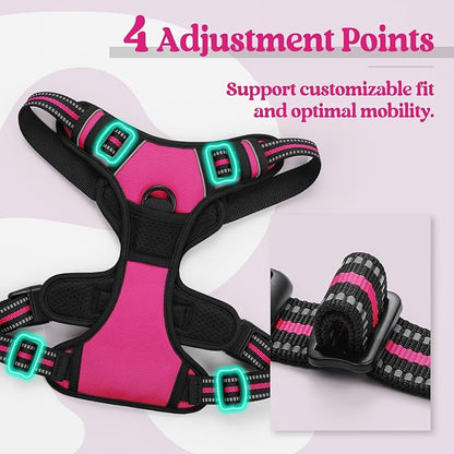 rabbitgoo Dog Harness No Pull with 2 Leash Clips, Adjustable Soft Padded, Reflective Oxford No Choke Pet Vest with Easy Control Handle for Large Dogs, Hot Pink, XL