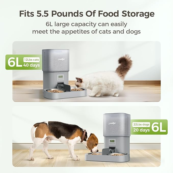 Automatic Cat Feeder for Pets, Programmable Meal Dispenser, for Timed Meals for Up to Cats &amp; Dogs Including Dual Power Supply, and Capacity for 4 Meals Daily