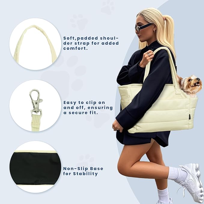 Lightweight Dog Purse Carrier for Small Dogs Under 15 lbs, Puffy Quilted Pet Carrier Tote for Puppies with Safety Leash Clip, Women&