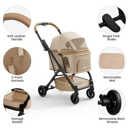 Lightweight Dog Stroller Portable Compact Folded Pet Stroller for Small/Medium Dogs &amp; Cats Up to 35lbs One Click Folding Large Cat Carriage with Adjustable Canopy Storage Basket- Khaki