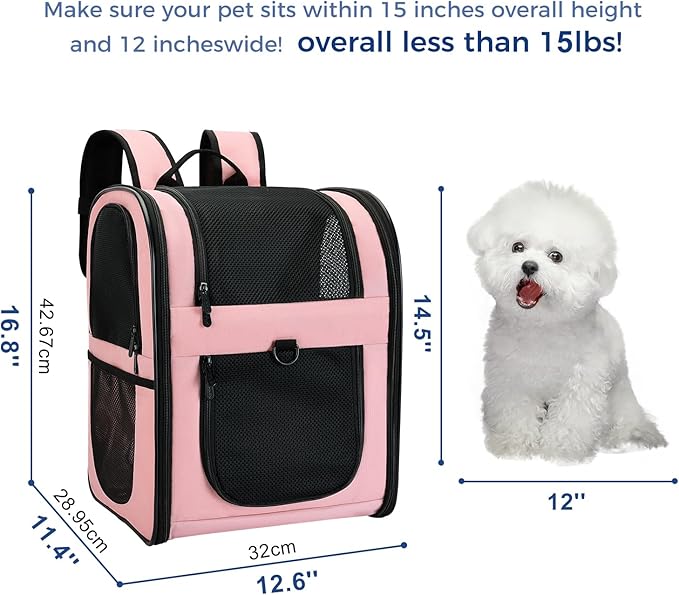Apollo Walker Dog &amp; Cat Carrier Backpack for 4-15lb Pets - Ventilated Safe Design with Padded Back Support, Breathable Mesh Pet Backpack for Hiking, Travel, Outdoor (Pink)