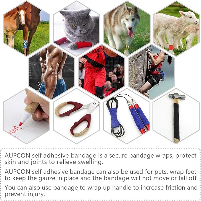 AUPCON Vet Wrap Cohesive Bandages Bulk Self Adhesive Bandage Wrap Self Adherent Wrap Non-Woven for Dogs Pet Animals &amp; Ankle Sprains &amp; Swelling 2 Inch x 5 Yards (2 Inch Black)