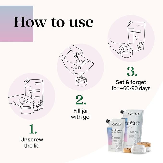 Azuna Air Freshener &amp; Odor Eliminator for Strong Odor | 2 Room Kit Includes (2) 8 oz. Empty Luxe Glass Jars &amp; 12 oz | Refill with Tea Tree Essential Oil Gel | Aromatherapy | Last 60-90 Days