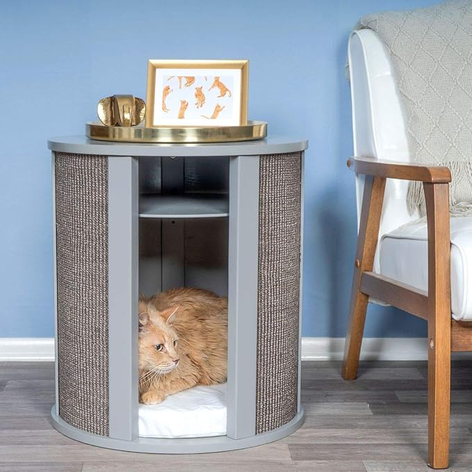 THE REFINED FELINE Purrrrfect End Table Cat Bed Cave in Smoke Gray, Multipurpose Wood Cat Furniture Nightstand, Easy to Clean Covered Cat Bed with Replaceable Scratching Post &amp; Washable Cushion
