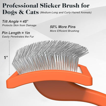 2PCS Slicker Brush for Dogs &amp; Pet Comb,Professional Dog Grooming Brush (Goldendoodles,Poodles,Labradoodles) with Extra Long Pins to Effectively Remove Tangles, Knots and Mats (Orange)