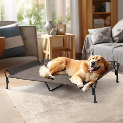 Veehoo Cooling Elevated Dog Bed, Guardrail Raised Pet Cot, Indoor &amp; Outdoor XXL Pet Bed with Washable &amp; Breathable Teslin Mesh, Non-Slip Feet, Dog Couch Bed, 62.5" x 37", Brown