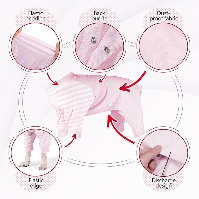 Dog Recovery Suit, Abdominal Wound After Surgery Wear, Anti Licking Bodysuit with Snaps, E-Collar &amp; Cone Alternatives, Striped Dog Spay Surgical Pajamas Prevent Shedding(Medium, Pink)