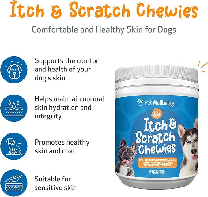 Pet Wellbeing Itch &amp; Scratch Chewies for Dogs - Supports Healthy Itch Response to Occasional Skin Allergies, Skin Health, Chinese Pearl Barley, Phellodendron - Veterinarian-Formulated 90 Soft Chews