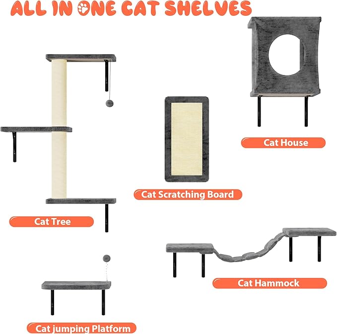 NUNU LAB Wall Mounted Cat Furniture, 5 Pcs Cat Wall Shelves with House, Bridge, Steps, Scratching Post, Shelves, Indoor Safe &amp; Stable Furniture for Kittens Play, Gray