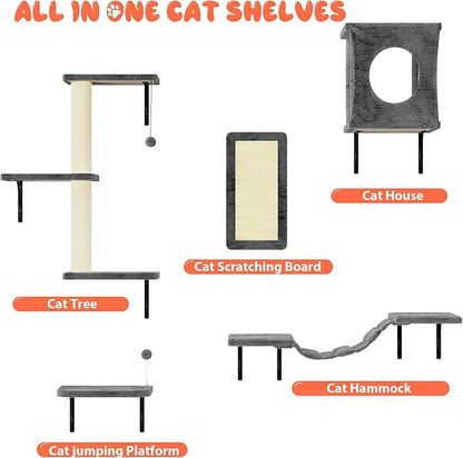 NUNU LAB Wall Mounted Cat Furniture, 5 Pcs Cat Wall Shelves with House, Bridge, Steps, Scratching Post, Shelves, Indoor Safe &amp; Stable Furniture for Kittens Play, Gray