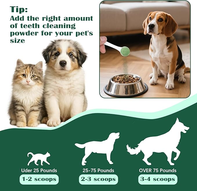 Dog Teeth Cleaning Powder, Dog Dental Powder and Cats Breath Freshener, Bad Breath &amp; Tartar Remover for Pets, Suitable for Large, Medium &amp; Small Canine(Green)