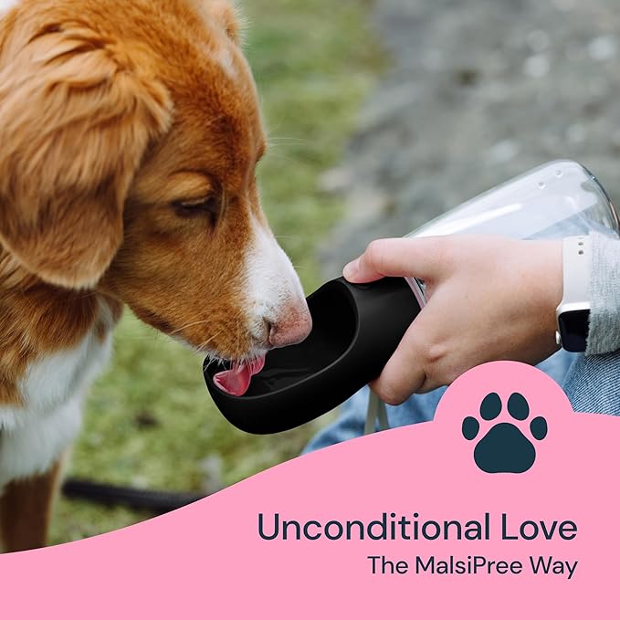 MalsiPree Trail Water Bottle for Dogs - 12oz, Black - Portable Dog Water Bottle &amp; Bowl with Leak-Proof Plug, Food-Grade Plastic &amp; One-Hand Operation for Pet Travel &amp; Hiking