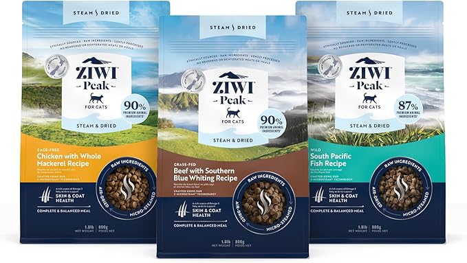 ZIWI Peak Steam &amp; Dried Cat Food Bundle – High Protein, Skin and Coat Health, Low Carb, for All Lifestages (1.8lb Bags of Beef, Chicken and South Pacific Fish Recipes)