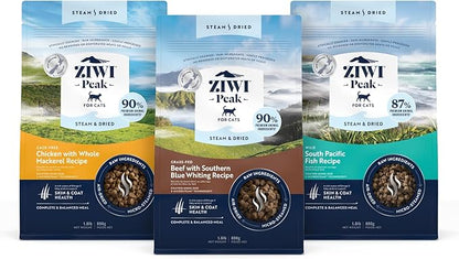 ZIWI Peak Steam &amp; Dried Cat Food Bundle – High Protein, Skin and Coat Health, Low Carb, for All Lifestages (1.8lb Bags of Beef, Chicken and South Pacific Fish Recipes)