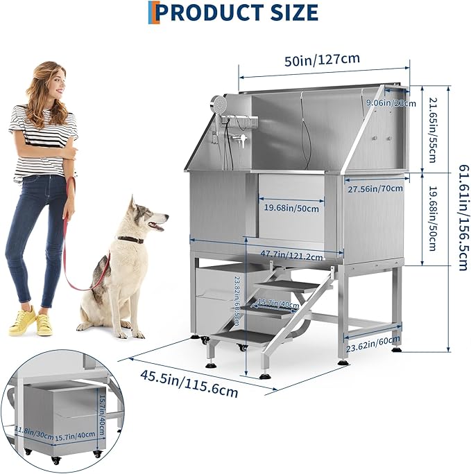 50" Stainless Steel Professional Dog Washing Station - Pet Bathing Tub w/Non-Slip Stairs &amp; Storage Shelf | Slip-Resistant Floor Grate | for Large/Medium/Small Dogs