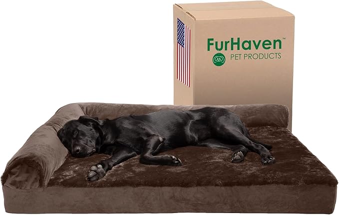 Furhaven Cooling Gel Dog Bed for Large Dogs w/ Removable Bolsters &amp; Washable Cover, For Dogs Up to 125 lbs - Plush &amp; Velvet L Shaped Chaise - Sable Brown, Jumbo Plus/XXL