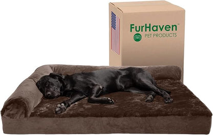 Furhaven Cooling Gel Dog Bed for Large Dogs w/ Removable Bolsters &amp; Washable Cover, For Dogs Up to 125 lbs - Plush &amp; Velvet L Shaped Chaise - Sable Brown, Jumbo Plus/XXL