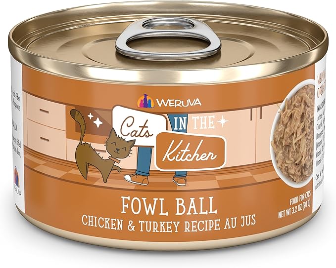 Weruva Cats in The Kitchen, Fowl Ball with Chicken &amp; Turkey Au Jus Cat Food, 3.2oz Can (Pack of 24)