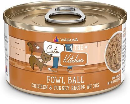 Weruva Cats in The Kitchen, Fowl Ball with Chicken &amp; Turkey Au Jus Cat Food, 3.2oz Can (Pack of 24)