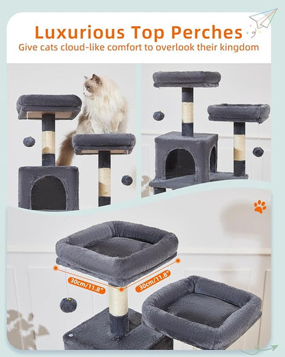 Taoqimiao Cat Tree, 68-Inch Cat Tree Cat Tower for Indoor Cats, Plush Multi-Level Cat Condo with 6 Scratching Posts, 2 Perches, 2 Caves,Hammock, 3 Pompoms,MS020SG Smoky Gray