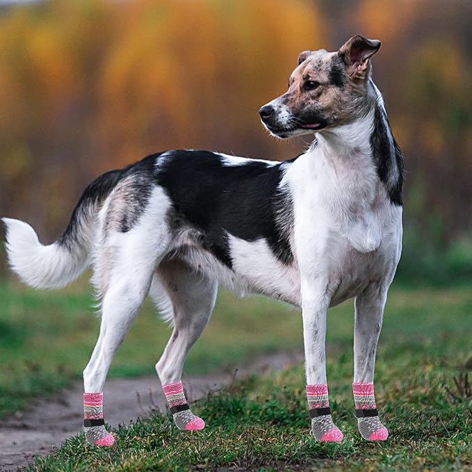 KOOLTAIL Dog Socks to Prevent Licking Paws for Hardwood Floors Anti Slip, Winter Warm Pet Boots&amp;Paw Protector with Grippers, Double Sides Dog Shoes Booties for Small Medium Large Senior Dogs Pink L
