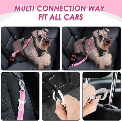 Lukovee Dog Seat Belt for Car, Adjustable Dog Car Harness for Large Medium Small Dogs, Soft Padded &amp; Breathable Mesh Dog Seatbelt with Car Strap and Carabiner(Pink Double Clip,Large)