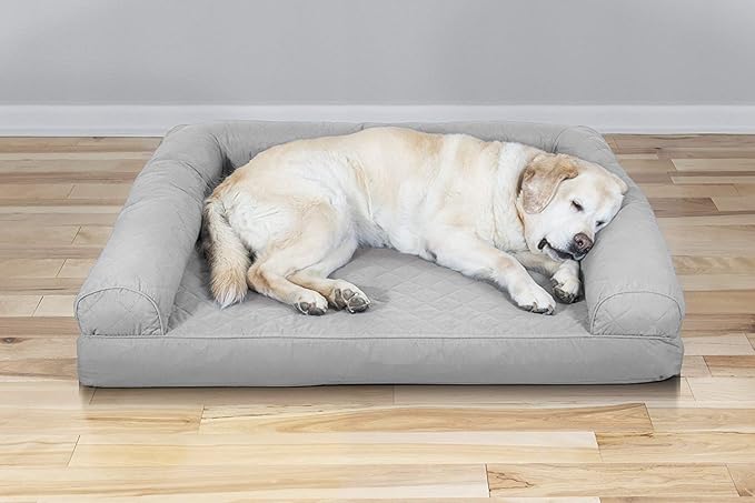 Furhaven Cooling Gel Dog Bed for Large Dogs w/ Removable Bolsters &amp; Washable Cover, For Dogs Up to 95 lbs - Quilted Sofa - Silver Gray, Jumbo/XL