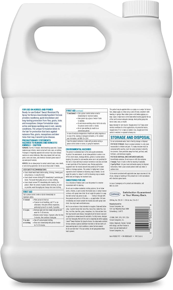 Farnam Endure Sweat-Resistant Fly Spray for Horses, Lasts Up to 14 Days, Protects Against Flies, Gnats, Mosquitoes, Ticks &amp; Lice, 128 oz.