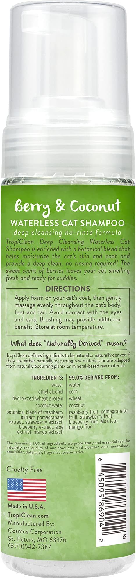 TropiClean Berry &amp; Coconut Waterless Cat Shampoo | Deep Cleansing Dry Shampoo for Cats | Natural Cat Shampoo Derived from Natural Ingredients | Made in the USA | 7.4 oz.