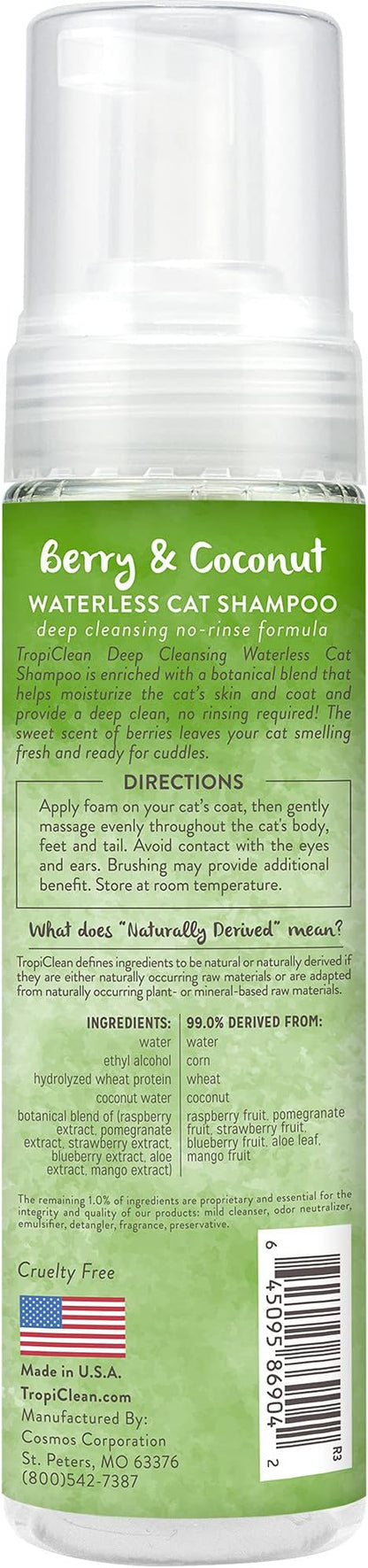 TropiClean Berry &amp; Coconut Waterless Cat Shampoo | Deep Cleansing Dry Shampoo for Cats | Natural Cat Shampoo Derived from Natural Ingredients | Made in the USA | 7.4 oz.