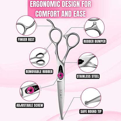 Kenchii Love Dog Grooming Scissors, 6.5 Inch Curved Balltip Shears, Dog Scissors for Grooming, Professional Pet Grooming Scissors, Safety Round Tip Shears
