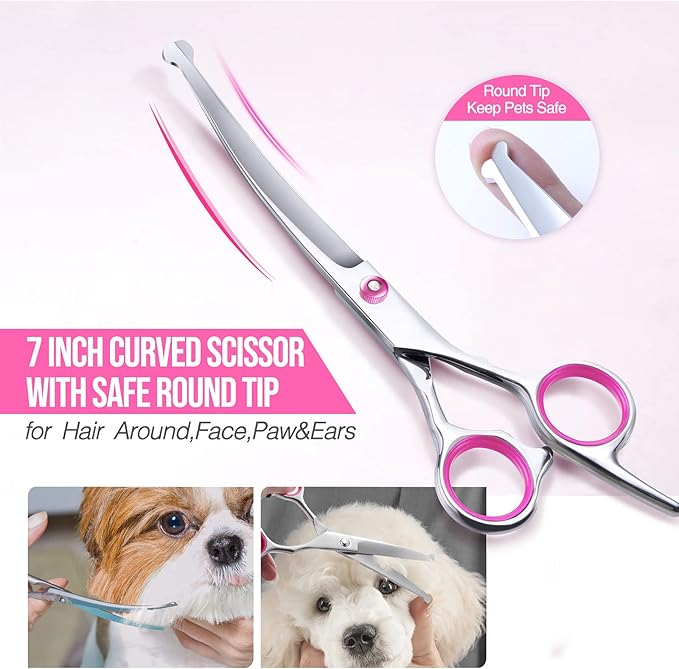 Gimars Dog Grooming Scissors Kit Professional 4CR with Safety Round Tip, 5 in 1 Heavy Duty Titanium Coated Thinning &amp; Curved &amp; Straight Shears