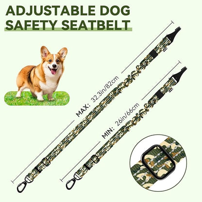 Pawaboo 2Pack Dog Seatbelt for Car, Dog Car Seat Belt Bungee, Dogs Tether with Buckle &amp; Hook Latch, Adjustable Reflective Dogs Cars Harness Leash with 360° Lockable Buckle, Army Green Camouflage