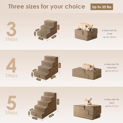 EHEYCIGA Dog Stairs for Small Dogs 13.5" H, 3-Step Dog Steps for Couch Sofa and Chair, Pet Steps for Medium Cats, Non-Slip Balanced Pet Ramp Indoor, Camel