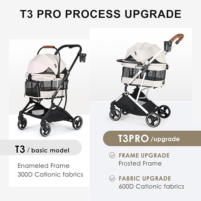 T3 Pro 3-in-1 Small Pet Stroller for Dog &amp; Cats, 4 Wheels with Detachable Carrier with Pad, Canopy and Cup Holder, Beige &amp; Net Wall