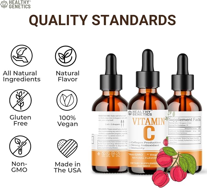 Vitamin C Supplement | Liquid Vitamin C Liquid Drops for Adults &amp; Kids | Acerola Cherry | Immune Support Supplement | Antioxidant | Skin | Vegan | Non-GMO | Gluten Free | 2 Fl