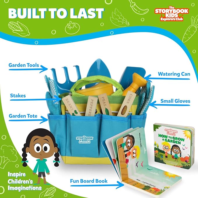 Blue Kids Gardening Tools - Includes Sturdy Tote Bag, Watering Can, Gloves, Shovels, Rake, and Delightful Children&