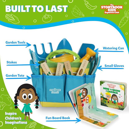 Blue Kids Gardening Tools - Includes Sturdy Tote Bag, Watering Can, Gloves, Shovels, Rake, and Delightful Children&