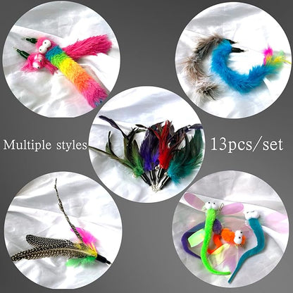 Cat Worm &amp; Dragonfly Teaser Wand Attachments - 13 Pcs Assorted Refills with Bell