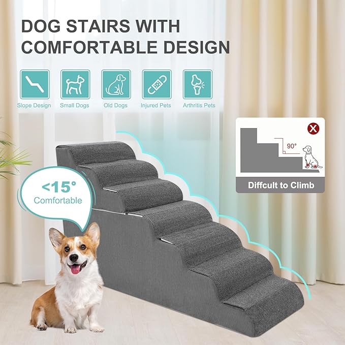 6-Step Dog Stairs for High Bed - 25.5" Adjustable Dog Ramps for Couch, Non-Slip Sturdy Pet Steps for Small Dogs, Washable Cover, Removable Modular Design, Dual 11” &amp; 14.5” Steps for Custom Height