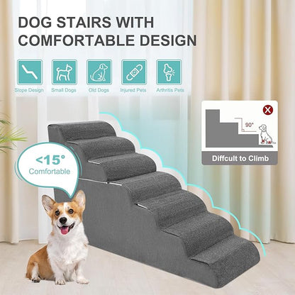 6-Step Dog Stairs for High Bed - 25.5" Adjustable Dog Ramps for Couch, Non-Slip Sturdy Pet Steps for Small Dogs, Washable Cover, Removable Modular Design, Dual 11” &amp; 14.5” Steps for Custom Height