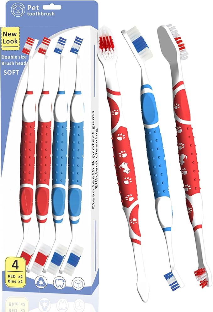 Leoezx™ Professional Pet Toothbrush(4Pcs), Dog &amp; Cat Soft Bristle Double-Sided Brush Head Set, Pet Brushing Teeth to Clean Teeth to Reduce Tartar Buildup, Pet Dental Care Essentials