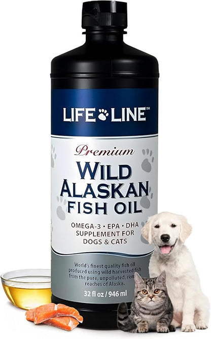 Life Line Pet Nutrition Wild Alaskan Fish Oil for Dogs and Cats 32oz – Omega 3 Fish Oil Supplement for Skin &amp; Coat – Supports Brain, Eye &amp; Heart Health in Dogs &amp; Cats