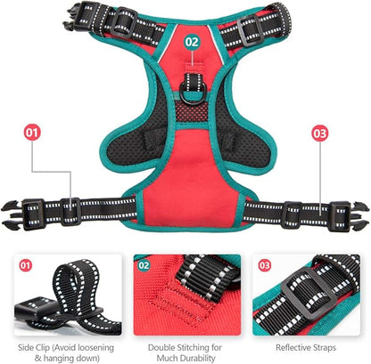PHOEPET 2019 Reflective Dog Harness Large Breed Adjustable No Pull Vest with with Handle 2 Metal Rings 3 Buckles [Easy to Put on &amp; Take Off](L, Red)