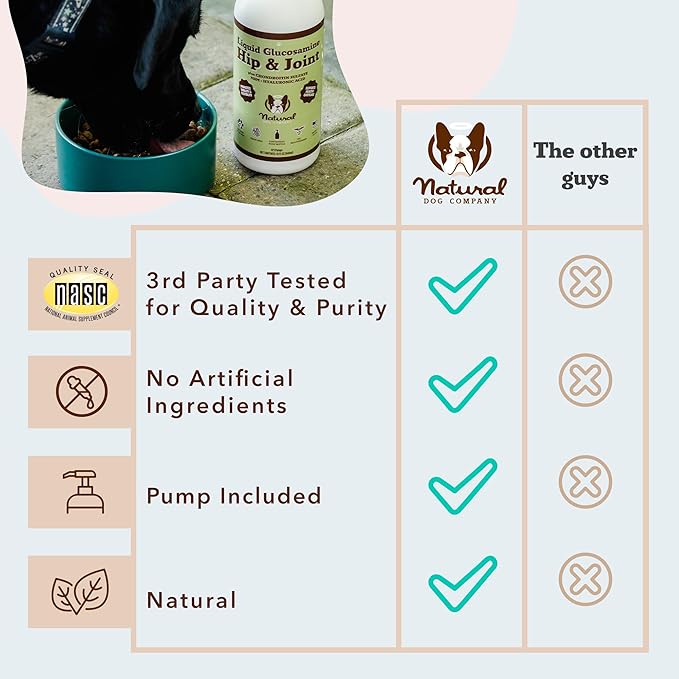 Natural Dog Company Liquid Glucosamine for Dogs, Hip &amp; Joint Oil, Extra Strength Cartilage, Joint Supplement for Dogs, Helps Mobility, Eases Occasional Stiffness, Glucosamine Chondroitin, 32 oz.