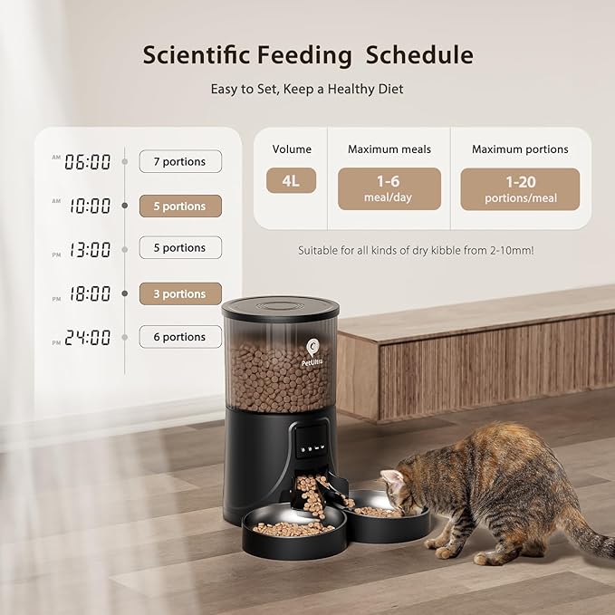 Automatic Cat Feeder for 2 Cats: Cat auto 2.4G WiFi - Timed Smart App Control 1-10 Meals| Automatic Pet Feeder for Cats and Small Dog Indoor- Dual Power&amp; Detachable Clean