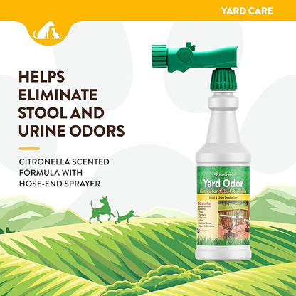 NaturVet – Yard Odor Eliminator Plus Citronella Spray – Eliminate Stool and Urine Odors from Lawn and Yard – Designed for Use on Grass, Patios, Gravel, Concrete &amp; More – 32oz with Hose Nozzle
