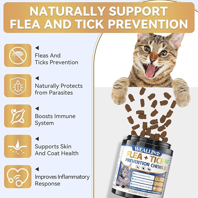 Flea and Tick Prevention for Cats, 200 Soft Chews for Fleas Treatment for Cats, Natural Cat Oral Flea Chewables Support Supplement, Flea and Tick Chews for All Breeds &amp; Sizes